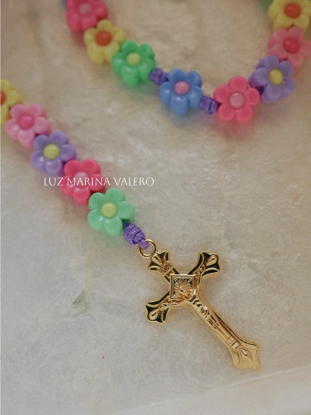 Kids Pastel Flower Bead Rosary Necklace with Gold Cross